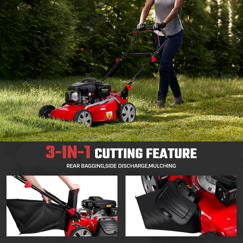 131cc Gas Lawn Mower That Is Self Propelled With Rear Wheel Drive 18 Inch Cutting Width 50L Grass Bag 3 In 1 Mulching Side Discharge Rear Bagging Lightweight Push Button Start Mower Built For Thick Slopes Red in use on grass