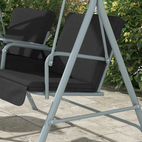 Close-up of Two Person Porch Swing With Stand And Canopy Outdoor Swing With Pivot Storage Table And Cup Holders Cushions