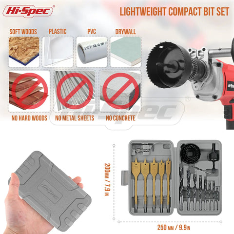 Badass 21 Piece Wood Drill Bit Set With Hole Saws Brad Point And Spade Bits Carbon Steel Case for easy storage and use.