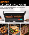 Stainless Steel 1000W Panini Press Grill And Sandwich Maker With Non Stick Plates Removable Drip Tray 3 In 1 Electric Contact Grill with grilled chicken and sandwiches.