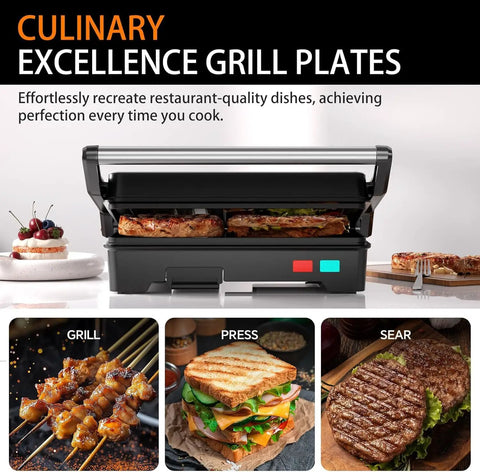 Stainless Steel 1000W Panini Press Grill And Sandwich Maker With Non Stick Plates Removable Drip Tray 3 In 1 Electric Contact Grill with grilled chicken and sandwiches.