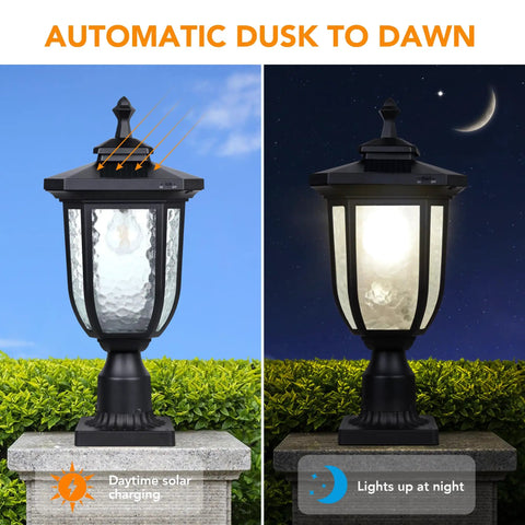 Solar Powered LED Post Light 180 Lumen Die Cast Aluminum Black Finish 3 Inch Fitter Base Pier Mount for Outdoor Lighting