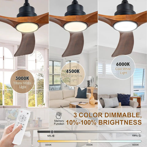 52 Inch Modern Black Ceiling Fan With Lights And Remote Control Wall Switch Dimmable Reversible Whisper Quiet Operation Power Off Memory Solid Wood Blades Indoor Outdoor Use showing dimmable light options
