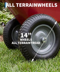 Heavy Duty Dual Wheel Wheelbarrow Garden Cart With Built In Stand For Yard And Garden, red wheel close-up on grass