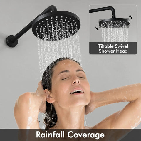 All In One Black Shower System With Rain Shower Head And Wall Mounted Trim Kit Pressure Balance Valve With Anti Scald Technology Easy Install Durable Brass Construction For Modern Bathrooms showing rainfall coverage