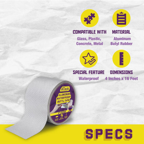 Aluminum Butyl Tape Waterproof Sealing Tape 4 Inch by 16 Feet No Drip Seal showing roll and material specs