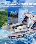 Amphibious RC Plane For Water Land And Air 3CH Remote Control Flying Boat with 6 Axis Gyro shown over grass, snow, and ice terrain