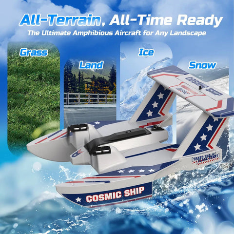 Amphibious RC Plane For Water Land And Air 3CH Remote Control Flying Boat with 6 Axis Gyro shown over grass, snow, and ice terrain