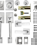 Double Door Handle Set With Dummy Lever And Single Cylinder Deadbolt, Satin Nickel Finish, Modern Heavy Duty Square Door Hardware