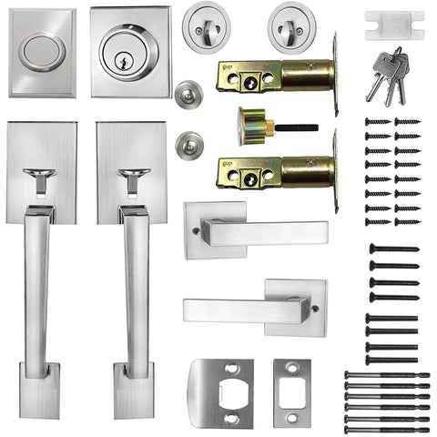 Double Door Handle Set With Dummy Lever And Single Cylinder Deadbolt, Satin Nickel Finish, Modern Heavy Duty Square Door Hardware
