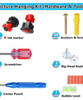 Picture Hanging Tool Kit With Precision Ink Markers For Keyhole And Sawtooth Hangers Professional Grade includes ink markers, screws, and mini level.