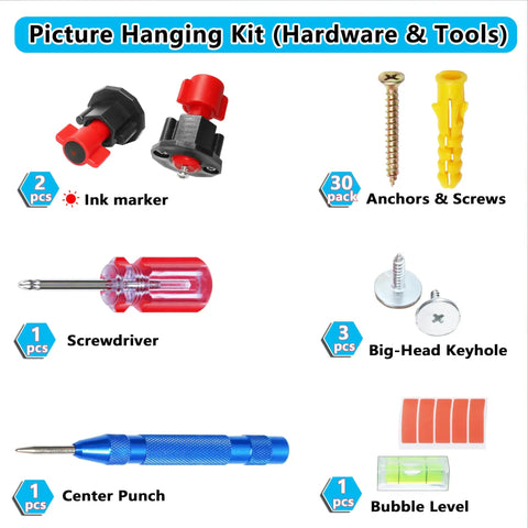 Picture Hanging Tool Kit With Precision Ink Markers For Keyhole And Sawtooth Hangers Professional Grade includes ink markers, screws, and mini level.