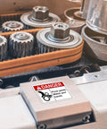 Pinch Point Danger Labels 50 Pcs, 5 X 3.5 Inch Durable PET Vinyl Safety Stickers installed on machinery in workplace