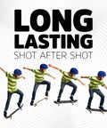 Four sequential images of a young skateboarder in a blue helmet performing tricks, showcasing durability for action shots.