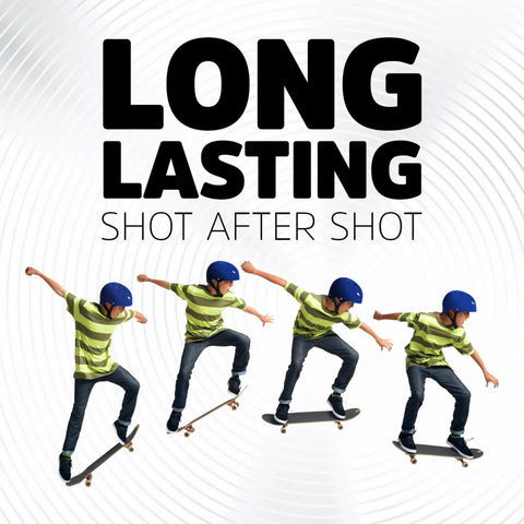 Four sequential images of a young skateboarder in a blue helmet performing tricks, showcasing durability for action shots.