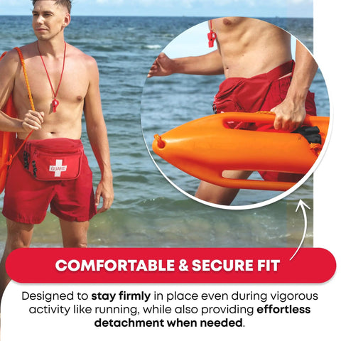 Lifeguard wearing First Aid Fanny Pack With Whistle, Water Resistant Hip Pack With Three Zippered Compartments For Beach And Pool.