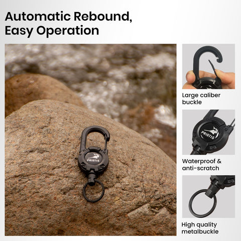 3 Pack Heavy Duty Zinger Retractors Saltwater Resistant 28 Inch Stainless Steel Wire Rope Tether on rock with clip details