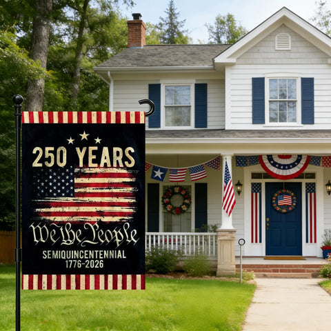 Celebrating 250th Anniversary USA Garden Flag For Outdoor Display Double Sided Waterproof Patriotic Yard Sign With Stars And Stripes 1776 2026 Semiquincentennial 4th Of July Decor displayed in front of a house.