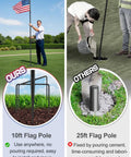 Comparison of 10 Ft In Ground Flag Poles Kit With Sturdy 5 Prong Base and 25ft cement-fixed pole, highlighting ease of use.