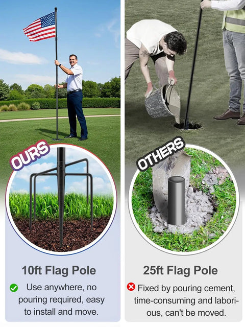 Comparison of 10 Ft In Ground Flag Poles Kit With Sturdy 5 Prong Base and 25ft cement-fixed pole, highlighting ease of use.