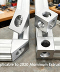 Two Way Triangle Corner Bracket For 2020 Aluminum Extrusion Frame connected to aluminum profiles in workshop.