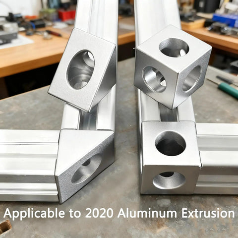 Two Way Triangle Corner Bracket For 2020 Aluminum Extrusion Frame connected to aluminum profiles in workshop.