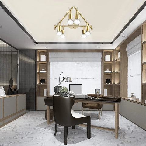 Modern office with Golden Finish 6 Light LED Track Lighting Kit With Rotatable Heads on ceiling, elegant design emphasizes space.