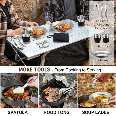 Campers using 18-Piece Camping Cookware Set With Utensils Camp Mess Kit; includes cups, plates, and food preparation tools.