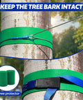 Tree with green protector and cable from 100 Ft Zip Line Kit For Kids And Adults Up To 400 Lbs With Removable Trolley Thick Seat Safety