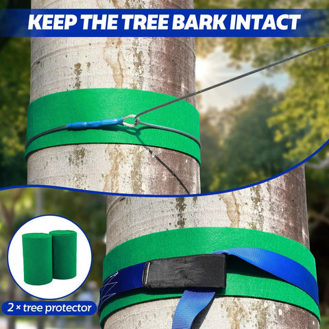 Tree with green protector and cable from 100 Ft Zip Line Kit For Kids And Adults Up To 400 Lbs With Removable Trolley Thick Seat Safety