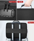 Fireproof And Water-Resistant Document Bag With Lock Three Layer Go-To File Storage Case for travel, shown with zipper lock and handle.
