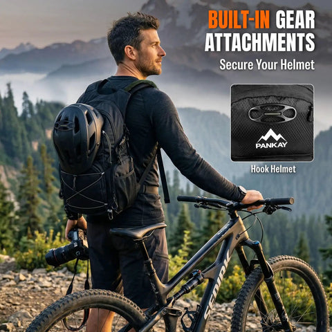 Man with bike wearing 25L Hydration Backpack for Hiking, Biking and Travel, Lightweight Daypack With Water Bladder, Helmet Holder