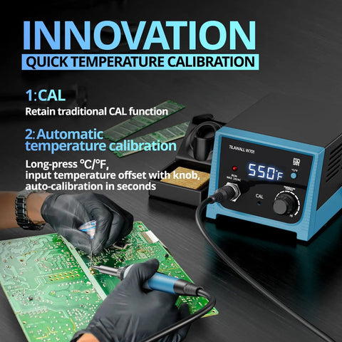 Smart 65W Soldering Station With PID Temperature Control on workbench, showing quick heat recovery and calibration.