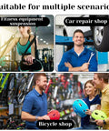 Collage showing use cases for Eight Pack Flat Hooks For Garage Ceiling Mounts And Wall Shelving in gym, auto, and bike shops.