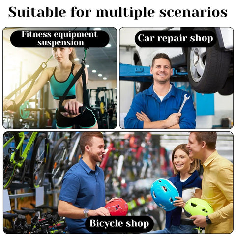 Collage showing use cases for Eight Pack Flat Hooks For Garage Ceiling Mounts And Wall Shelving in gym, auto, and bike shops.