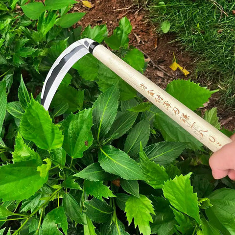 Hand Hoe Sickle Garden Tool For Weeding And Cultivation, Sharp Blade Edge, Durable Japanese Style, 12.99 Inch, Beige handle in use