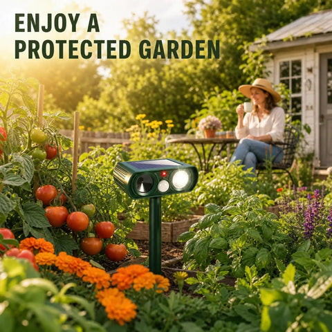 4 Pack Solar Powered Ultrasonic Animal Deterrents For Outdoor Gardens With Motion Sensor And Flash Light IP65 Waterproof on stake