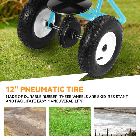Close-up of 12-inch pneumatic tire on Walk Behind Broadcast Spreader With 80 Lb Capacity For Fertilizer Salt Ice Melt Grass Seed.