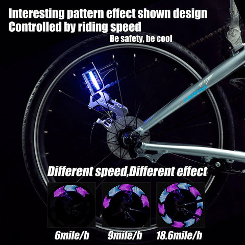 Lit bike wheel with LED Bike Wheel Lights A12 Waterproof Bicycle Tire Lights, showing patterns at different speeds.