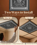 Antique Silver 2x2 PVC Ceiling Tile Pack Of 10 For Glue-Up Or Lay-In Install shown in glue-up and lay-in ceiling applications