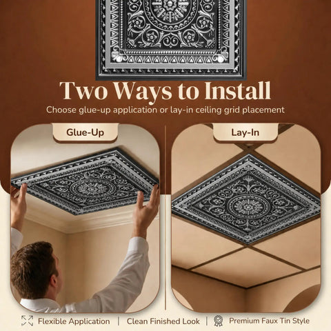 Antique Silver 2x2 PVC Ceiling Tile Pack Of 10 For Glue-Up Or Lay-In Install shown in glue-up and lay-in ceiling applications