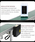 Compact Desktop Conveyor Belt With Adjustable Speed From 2m To 15m 100x20cm PVC Belt includes regulator and motor details