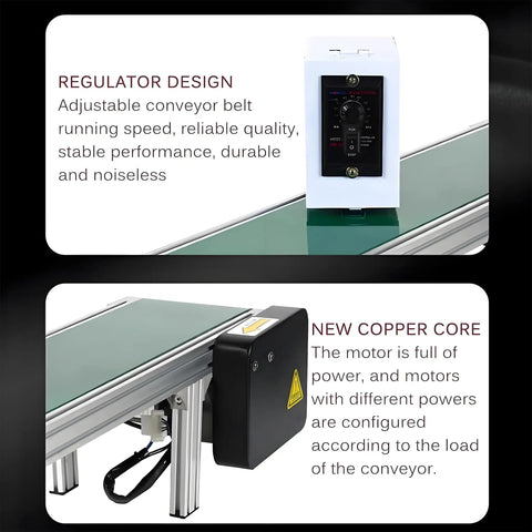 Compact Desktop Conveyor Belt With Adjustable Speed From 2m To 15m 100x20cm PVC Belt includes regulator and motor details