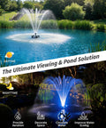 Daytime and nighttime view of Floating Fountain And Aerator All In One Kit With LED Lights For Ponds, Lakes, Water Gardens, 1200GPH Pump