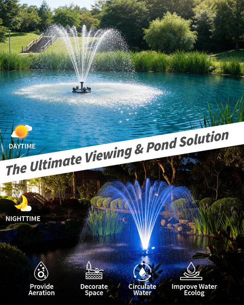 Daytime and nighttime view of Floating Fountain And Aerator All In One Kit With LED Lights For Ponds, Lakes, Water Gardens, 1200GPH Pump