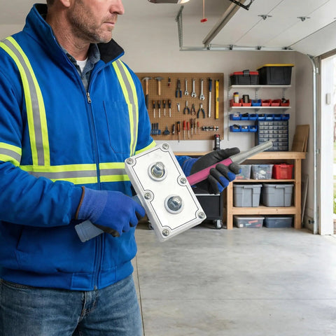 Person using Drill Powered Wire Puller And Automatic Cable Threading Machine Smooth Conduit Wizard in a garage.
