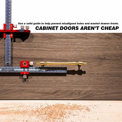 Precision Cabinet Handle Jig With Micro Adjustable Base For Drawer Pull Templates And Hella Smooth Drilling Control on wood surface