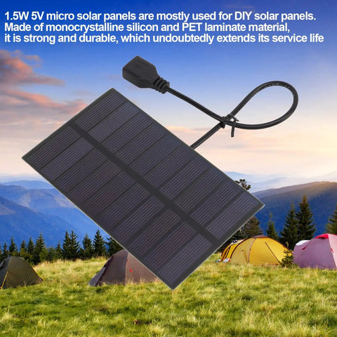 1.5W 5V Flexible Mini Solar Panel With USB Interface for Camping, showing black solar panel on grassy outdoor background.