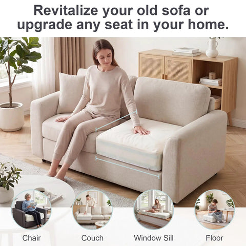 Premium Six Inch Sofa Cushion Insert With High Density Four Layer Memory Foam Couch Replacement Pad on beige sofa.