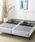 Dead Simple 9 Inch Box Spring With Built Tough Steel Core And Pristine White Cover Ultimate Mattress Foundation For Split California King Beds That Opens In A Flash on a wooden floor.